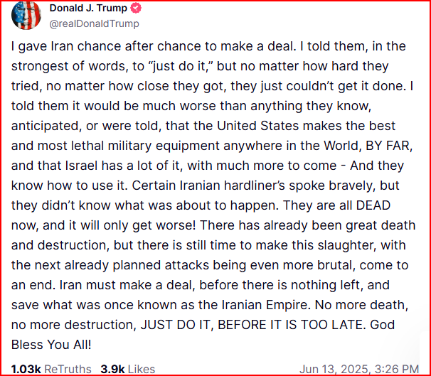 Trump Issues Stark Warning To Iran To ‘Make A Deal’ After Israel’s Strikes On Nuclear Sites: ‘Just Do It Before It’s Too Late’